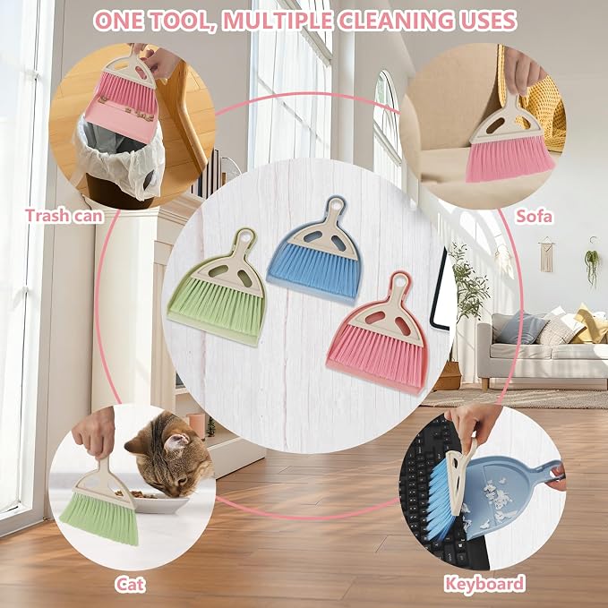 Mini Dustpan and Brush Set Portable Small Broom with Dust Pan Handheld Hangable Whisk Broom and Dust pan for Home, Kitchen, Table, Office, Car 3Pcs (Blue-Green-Pink)