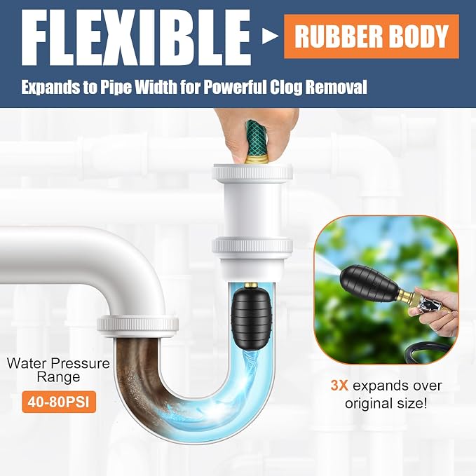 3 Pcs Drain Bladder Kit, Drain Cleaning Bladder Fits 1" to 6" Pipes, Rubber Drain Bladder Unclogger for Bathroom Sinks, Showers, Swimming Pool Drains, Kitchen Sinks and Main Drains