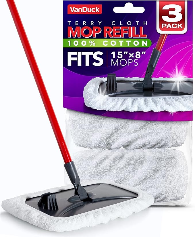 VanDuck 100% Cotton Terry Mop Pads 15x8 Inches, 3-Pack (Mop Not Included) | Reusable terry cloth mop covers, cotton replacement pads, floor cleaning refills, machine washable