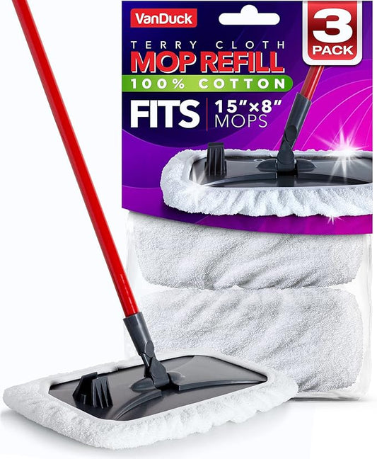 VanDuck 100% Cotton Terry Mop Pads 15x8 Inches, 3-Pack (Mop Not Included) | Reusable terry cloth mop covers, cotton replacement pads, floor cleaning refills, machine washable