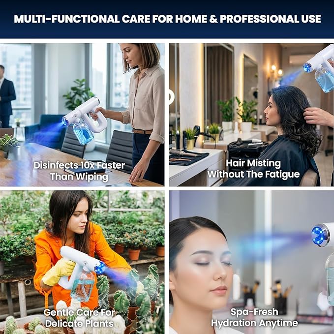 Professional Disinfectant Nano Spray Gun, Ultra Fine Atomizer Sprayer,White | Continuous Spray Bottle with Blue Light, Easy to Use Lightweight and Rechargeable Sanitizer Gun, Multipurpose Fogger Machine