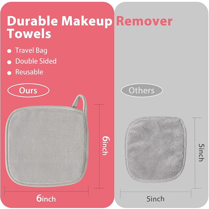 Natwag Makeup Remover Cloth, 6" x 6" Make Up Towels Reusable Face Cloth for Washing Face, 12 Pack Makeup Remover Pads Microfiber Face Washcloth with Mesh Bag, Light Grey