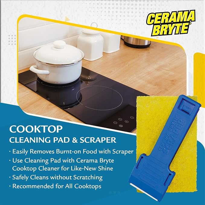 Cerama Bryte Ceramic Cooktop Cleaner (28 oz), Scraper and 5 Cleaning Pads Combo Kit