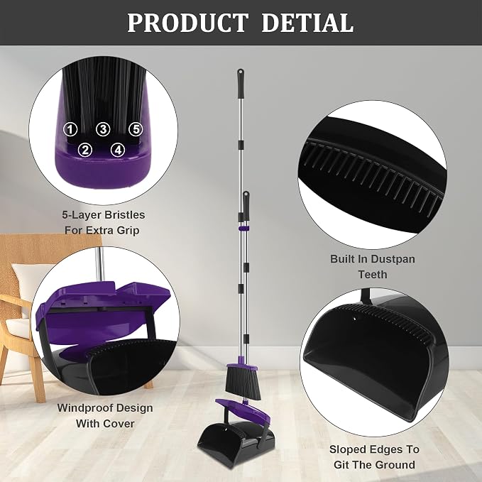 Broom and Dustpan Set, 51" Long Handle Broom with Dustpan Combo Set, Windproof and Self-Cleaning Teeth, Purple Household Dust Pan Set Sweep Kitchen Office Lobby Pet Room