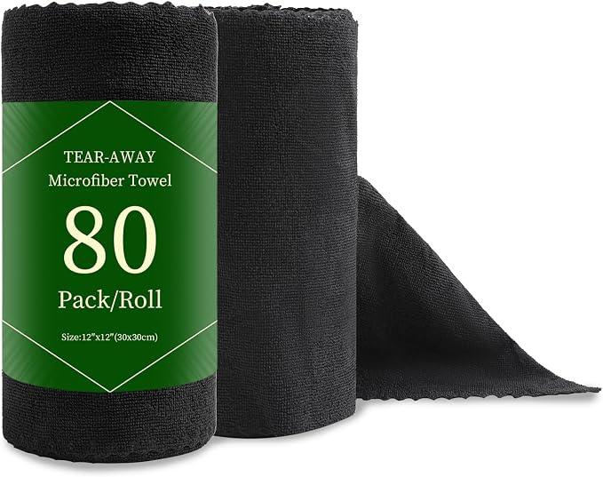 80 Pack Microfiber Cleaning Cloth Roll Reusable Paper Towels 12"x12" Black Tear Away Cloth, Microfiber Towels for Cars, Wash Cloths, Lint Free Rags for House, Kitchen,Window,Cleaning Supplies