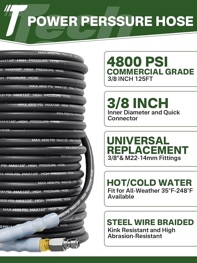 3/8" 4800PSI Pressure Washer Hose 125FT Swivel Quick Connect | Power Washer Hose for Cold/Hot Water Max 248°F, Kink Resistant Steel Wire Braided, Wear Resistant with M22 14mm Adapter