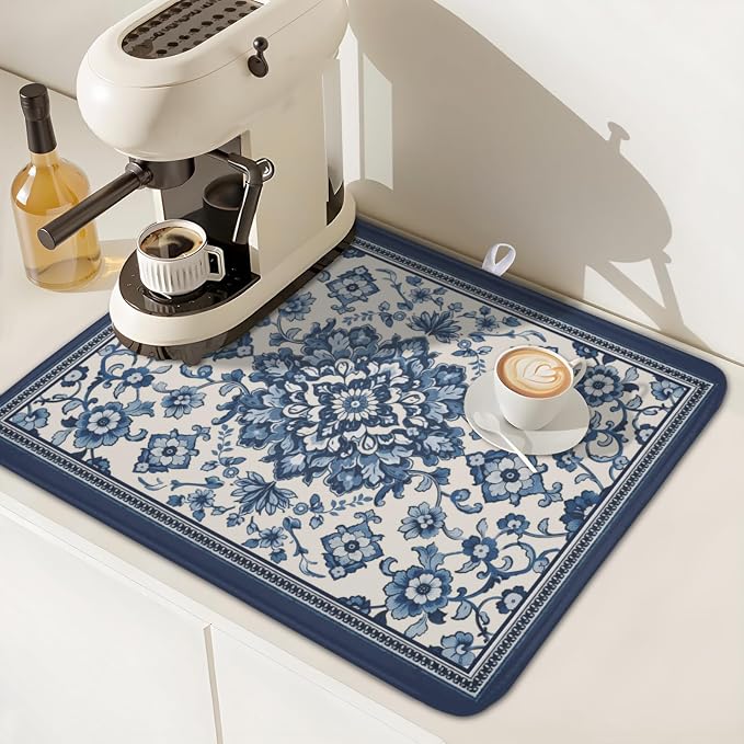 Blue Floral Dish Drying Mat for Kitchen Counter Vintage Flower Pattern Microfiber Dish Drainer Mat Rustic Farmhouse Absorbent Washable Drying Pad Extra Large 16"x18"