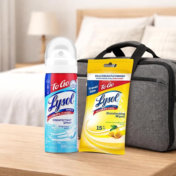 Lysol To Go Bundle - 1.5 Ounce Crisp Linen Disinfectant Spray and Lemon Lime Disinfecting Wipes Flat Pack