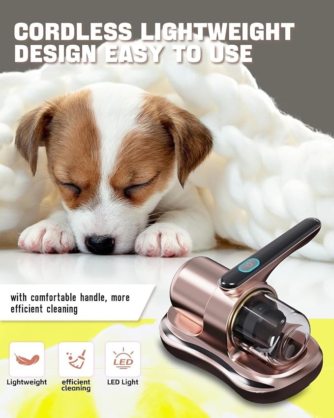 Cordless Mattress Vacuum Cleaner with UV Light Handheld Bed Vacuum with Ultrasonic & Heating Tech, 2 HEPA Filters, Strong Suction for Mattress, Sofa, Carpets, Pet Hair (Gold)