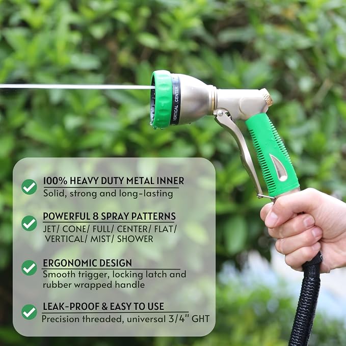 HOSUN 100% Metal Garden Hose Nozzle Sprayer with Ergonomic Handle, Green | Heavy Duty, 8 Spray Patterns, Zinc Alloy Body, High Pressure, Non-Slip Grip, Squeeze latch, Watering Plant, Washing Car