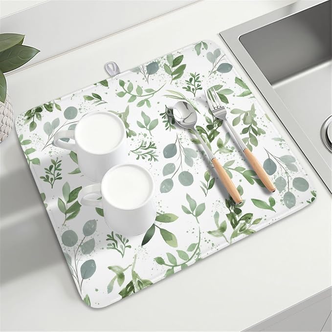 Spring Summer Sage Green Leaves Dish Drying Mat 18x24 Inch | Eucalyptus Leaf，Polyester，Absorbent Microfiber，for Kitchen Coffee Dining Bar Decor