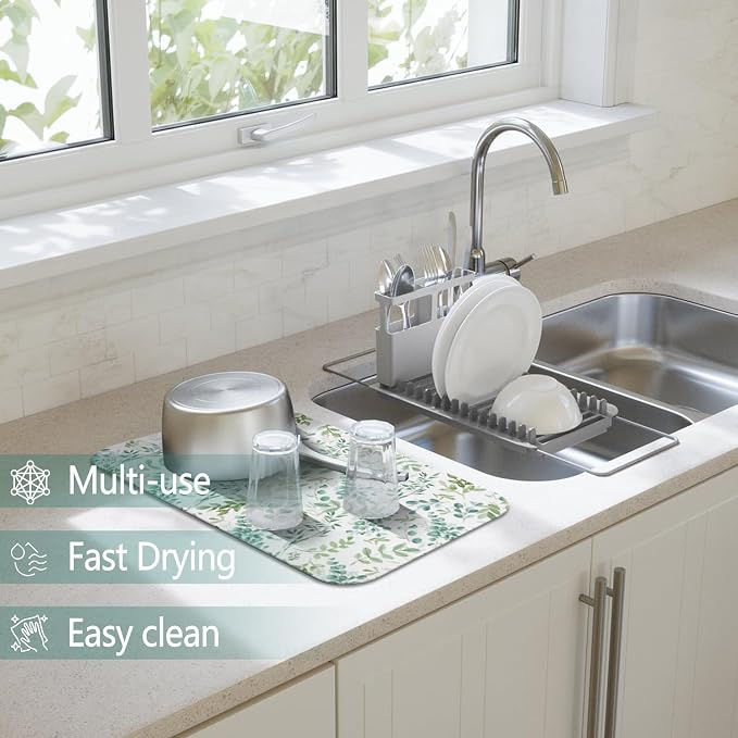 Dish Drying Mat 2-Pack in Green Leaves for Kitchen Counter Dishes Mat | Diatom Mud Mats (18x24, 19.5x12"). Non-slip rubber back for kitchen counter, coffee bar & sink scenes