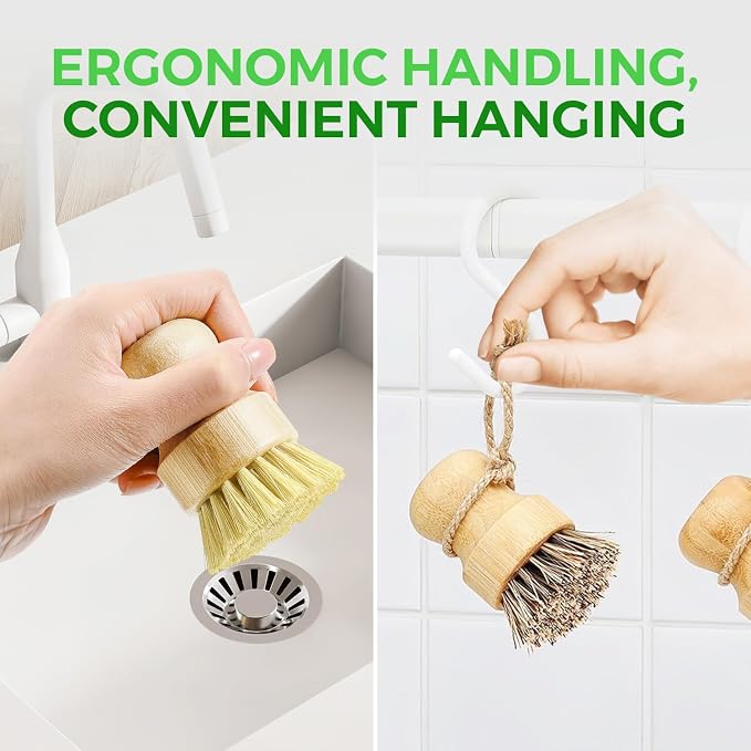 AIRNEX Bamboo Dish Brush Set of 3 - Natural Wooden Dish Scrubber w/Medium Stiff Sisal & Coconut Bristles - Kitchen Scrub Brush for Dishes, Pots & Pans - Plastic Free, Non Scratch Bristles