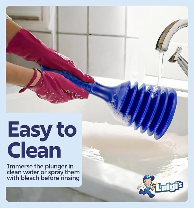 Luigi's Sink Plunger Kitchen - Sink Plunger Bathroom - Drain Bathtub or Shower - Small and Powerful Clog Remover - Commercial Style "Plumbers Plungers" with Large Bellows - Blue - Small