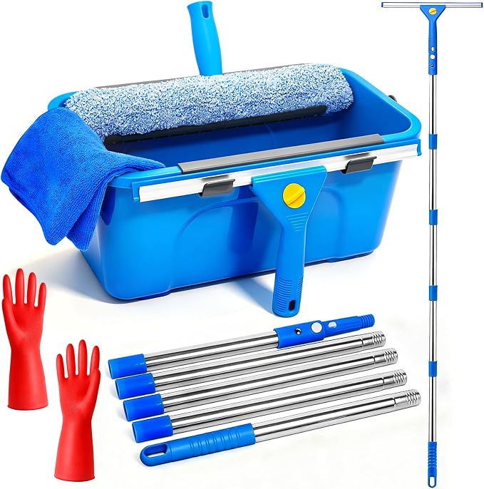 Window Cleaning Kit with 3 Gal Bucket - 14'' Window Squeegee&15'' Scrubber&76'' Long Handle Window Cleaner Tool, Professional Windows Washing Equipment for Home, Commercial Use, Outdoor, Car