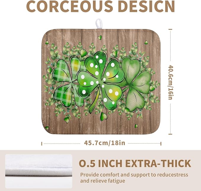 St Patricks Day Wooden Plank Shamrock Drying Mat for Kitchen Counter St Patrick Eucalyptus Leaves Clover Dish Drainer Mats Absorbent Microfiber Dishes Pad Reusable Washable Dry Mat 16x18 Inch