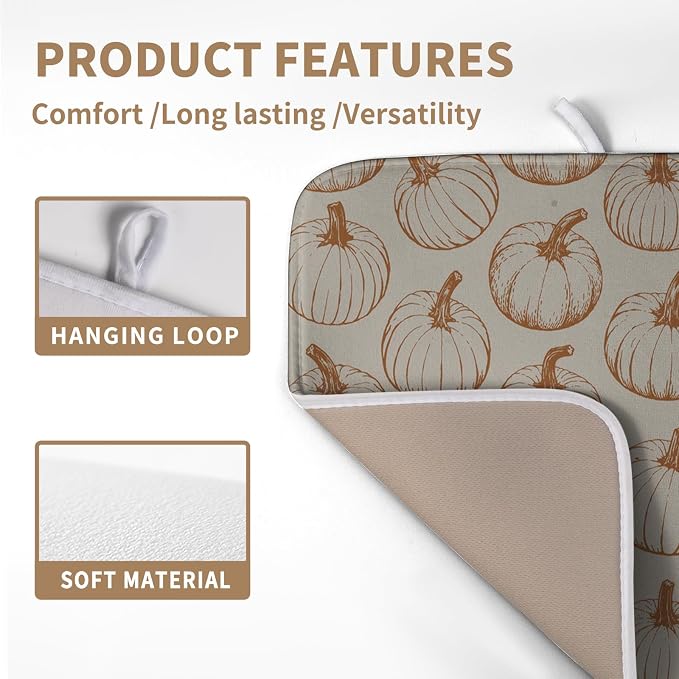 Fall Pumpkin Dish Drying Mat for Kitchen Counter Burnt Orange Autumn Thanksgiving Dish Mat Absorbent Microfiber Kitchen Countertop Protector Dishes Drying Pad Medium Drying Mats 16x18 Inch
