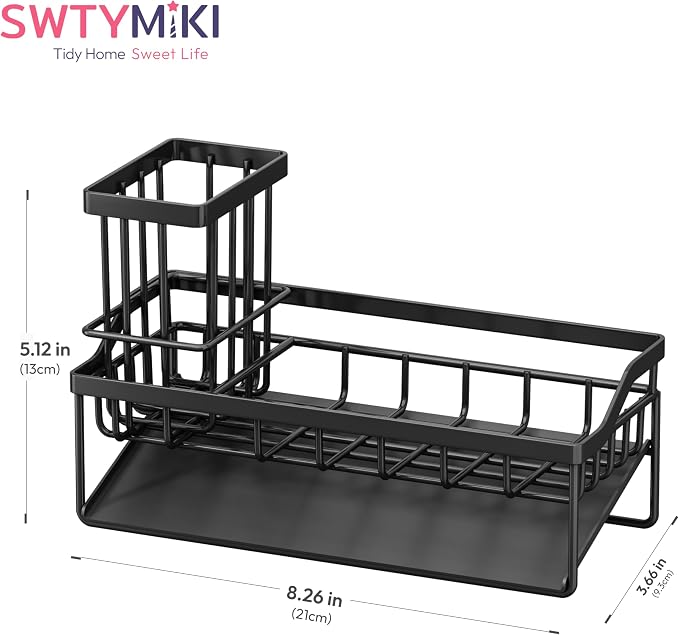 SWTYMIKI Sink Caddy Sponge Holder - Kitchen Sink Organizer with Stainless Steel Self Drain Tray & High Brush Holder for Countertop to Hold Dish Soaps and Sponges, Stainless Steel, Black