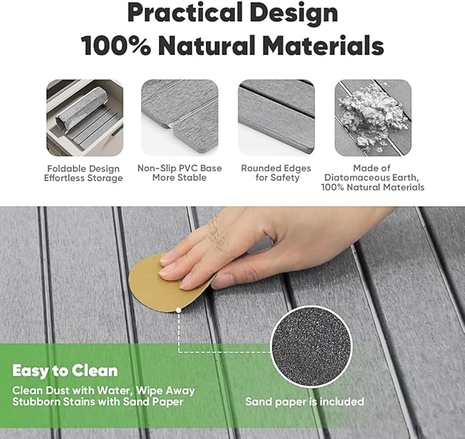 Stone Drying Mat for Kitchen Counter, Quick Diatomaceous Earth Mats for Dishes, 24"L x 16" W Super Absorbent Fast-Drying Collapsible Countertop Stone Mat (Light Grey, 24" x 16")