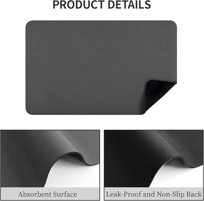 2-Pack Coffee Bar Mats Set for Countertop, 12" x 19” Super Absorbent Dish Drying Mat, Kitchen Counter Mat Fits Under Coffee Maker or Machine, Dark Gray Kitchen Decor for Dish Drying Rack
