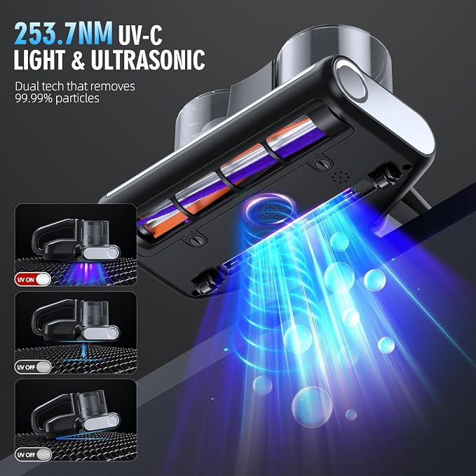 Mattress Vacuum Bed Vacuum Cleaner 16Kpa Suction 253.7nm UV-C Light, 140°F Heated Air, 30000 RPM Brushroll, Ultrasonic, HEPA Filter, Handheld Vacuums for Carpet/Sofa, 500W Corded, (Pitch-Black)