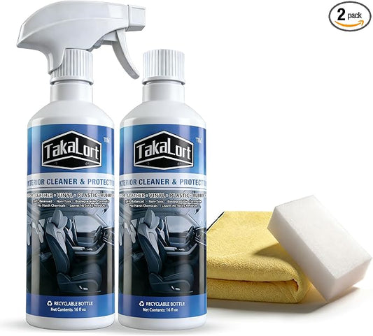 Car Interior Cleaner & Protectant, 32 Fl Oz Interior Detailer Spray – Cleans & Helps Protect Dashboard, Leather, Vinyl & Plastic, Includes Towel & Cleaning Sponge (Pack of 2)