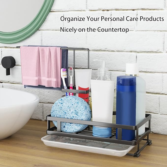 Godboat Kitchen Sink Organizer with Brush Rack - Sink Caddy with Drain-Pan | Stainless Steel Sponge Holder for Kitchen Sink with Towel Rack, Organizer for Dish Soap Dispenser, 10.5"L × 5.9"W × 10.5"H