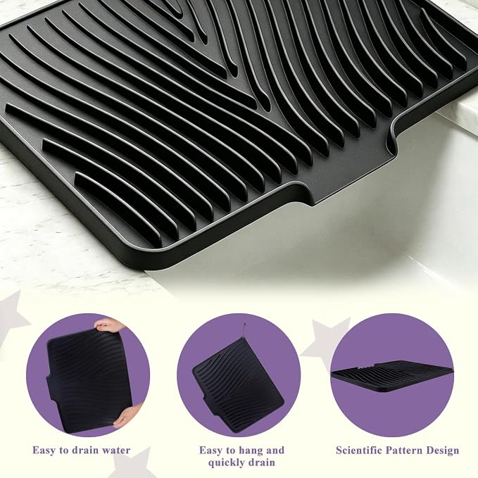 Silicone Dish Drying Mat for Kitchen Counter,16"X13" With Built-in Drain Lip,Food-Grade Silicone, Heat-Resistant Eco-friendly Hygienic Drying Mat Leak-Proof and Non-Slip, Multi-Functional Use（Black）