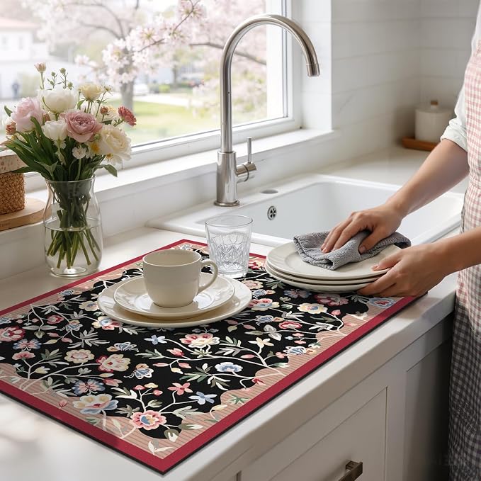 LOKHOM Floral Dish Drying Mat, 18"x24" Super Absorbent Non-slip Bordered Coffee Mat with Oil Painting Black Floral, Cuttable Hide Stain Drying Mat for Kitchen Counter Coffee Maker Espresso Machine