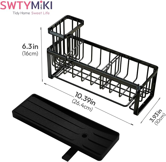 SWTYMIKI Sponge Holder for Kitchen Sink - Sink Caddy with Brush Holder Self-draining Sponge Caddy Organizer with Divider Stainless Steel Kitchen Accessories Storage for Countertop, Black - Large