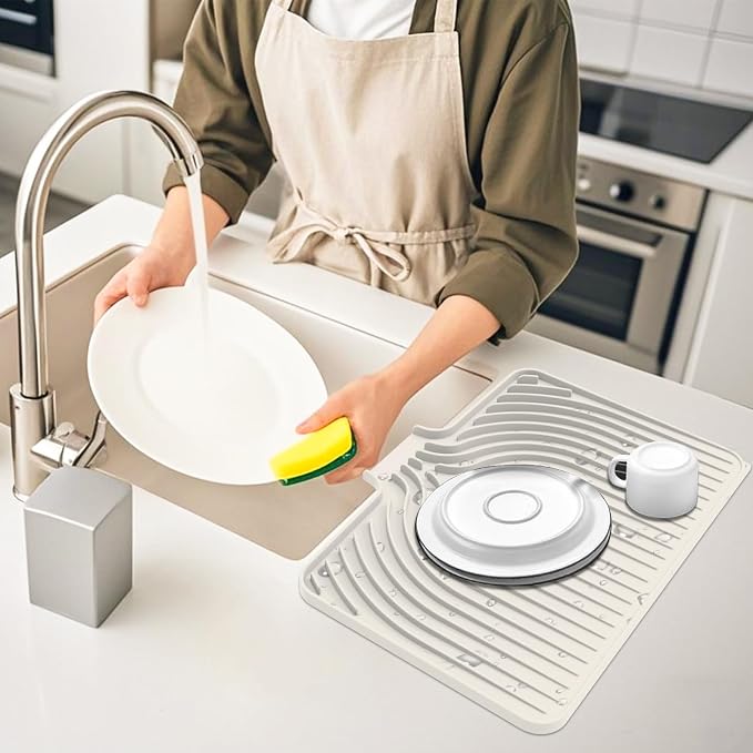 Dish Drying Mat for Kitchen Counter, with Built-in Drain Lip, Food-Grade Silicone, Easy Clean Pad for Countertop Protection, Multi-Functional Use (18x11.8, Beige)