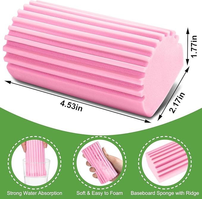 Jeymei Damp Clean Duster Sponge,4Pcs Pink Dust Sponge for Cleaning | Damp Dusting Sponge with Ridges,Baseboard Cleaning Tool,Reusable Wet Duster Sponge,Household Cleaning Sponges for Blinds