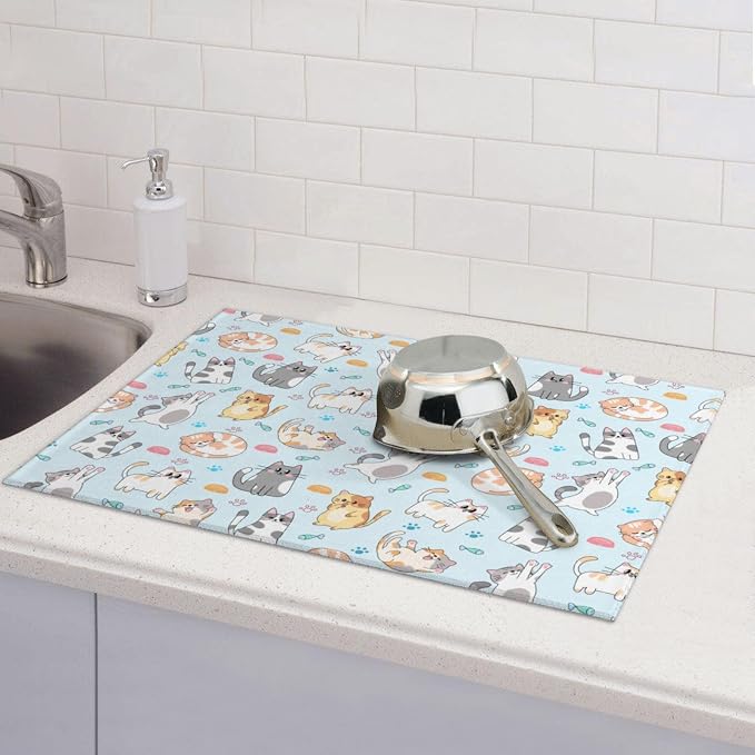 Cute Cat Dish Drying Mat for Kitchen Counter Cute Kitchen Dish Mat Microfiber Kitchen Countertop Absorbent Reversible Drainer Rack Pad