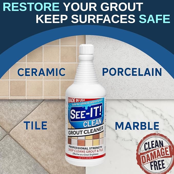 SEE-IT! Grout & Tile Deep Cleaner Brightener & Heavy-Duty Stain Remover Acid-Free Safe for Ceramic, Porcelain, Marble, Stone - 32 fl. oz.