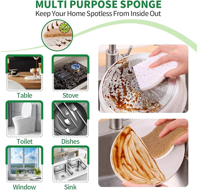 Sponges Kitchen Natural Dish Sponge Plant-Based Biodegradable Compostable Cellulose with Coconut Scrubber Sponge Non Scratch Eco Friendly Kitchen sponges for Kitchen Dishes（Pack of 24）