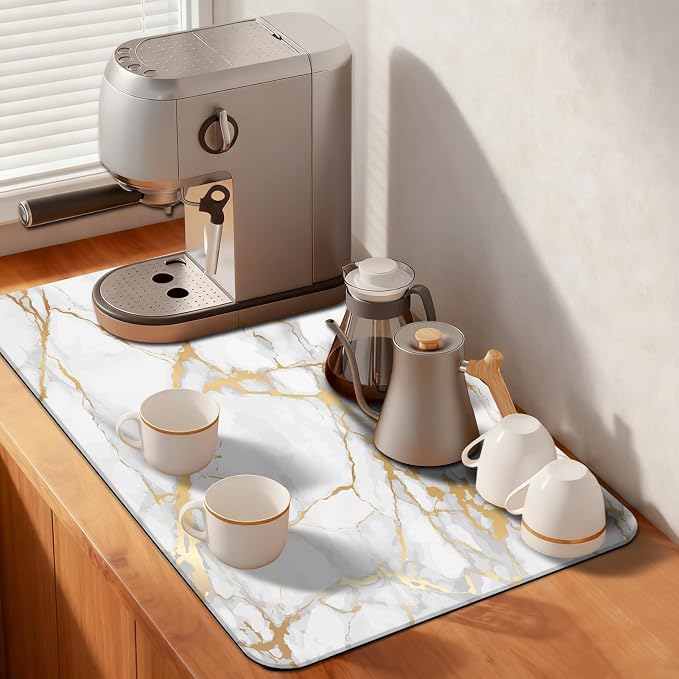 MCALK Marble White Coffee Mat for Kitchen Counter, Gold Dish Drying Pad with Anti-Slip Rubber Base, Absorbent Kitchen Sink Mat with Modern Art Decor, Marble White 12"x20"