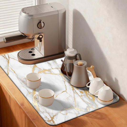 MCALK Marble White Coffee Mat for Kitchen Counter, Gold Dish Drying Pad with Anti-Slip Rubber Base, Absorbent Kitchen Sink Mat with Modern Art Decor, Marble White 12"x20"