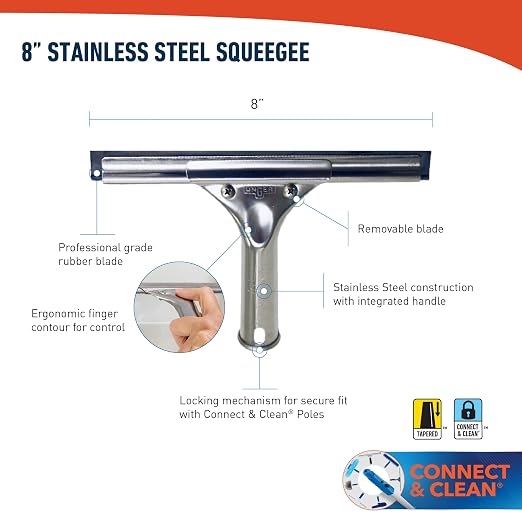 Unger Professional 8” Stainless Steel Window & Glass Cleaning Squeegee - Cleaning Supplies, Heavy Duty Squeegee for Window Cleaning, Streak Free Results