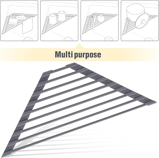 Tomorotec Corner Over the Sink Roll Up Drying Rack, Triangle Sink Dish Rack Mat, Silicone Wrapped Metal (Iron) Rods, Space Saving Dish Drainer, Heat Resistant Non Slip Trivet for Cookware（Deep Gray）