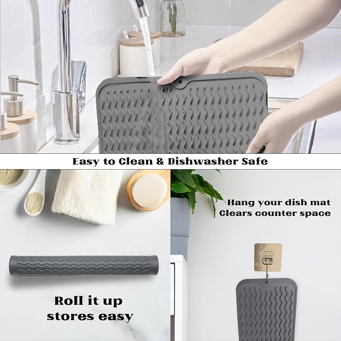 ZLR 4-in-1 Silicone Mat 12" x 12" / 305 x 306mm Square - Dish Drying Mat, Air Fryer Mat, Coffee Maker Pad & Heat Resistant Trivet (up to 450°F) - Non-Slip Food-Grade BPA-Free (Dark Gray)
