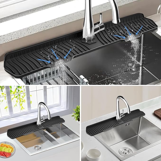 Kitchen Sink Splash Guard Gen2-30" x 6'' Silicone Sink Mat Splash Guard fit for Countertop, Bathroom,Farmhouse,RV by EBIGIC (Black)
