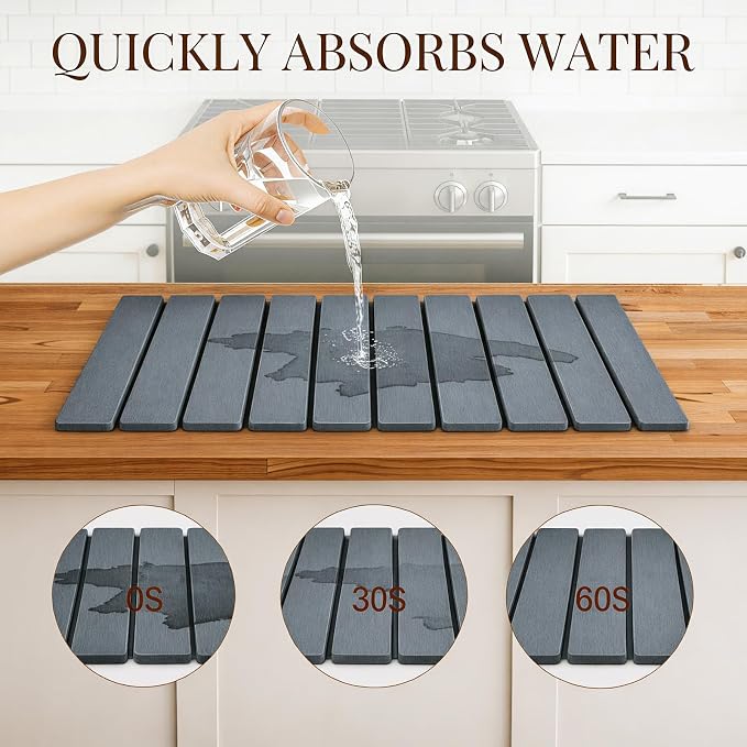 Large Stone Dish Drying Mats for Kitchen Counter 24"(L)×16"(W) Foldable Quick Dry Stone Dish Drying Mats Kitchen Absorbent Diatomaceous Earth Drying Stone Mat for Dishes Bottles Cups Dark Gray