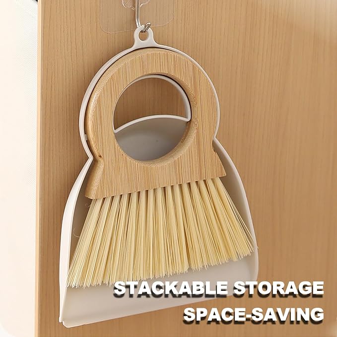 Mini Broom and Dustpan Set Bamboo Broom with Dustpan Combo Set Portable Hand Sweeper for Office Kitchen Dorm Home Quick Cleanups (White)