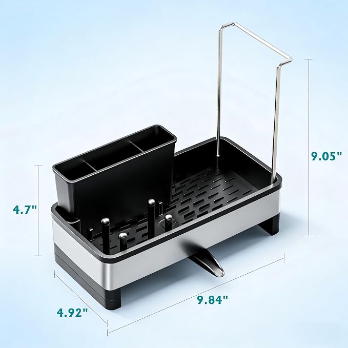 304 Stainless Steel Sink Caddy with Auto-Drain, Rustproof Sink Organizer, Sponge Holder with Removable Brush Holder & Towel Rack, Countertop Storage for Dish Soap Dispenser, Kitchen Sink Accessories