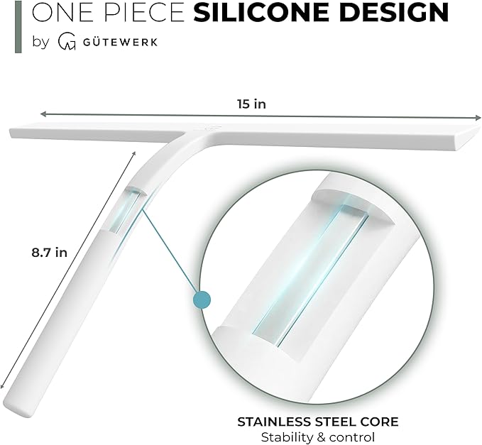 GÜTEWERK Silicone Shower Squeegee for Glass Doors & Mirrors with Stainless Steel Core, Streak-Free & No-Squeak Window Cleaning, 3-in-1 No-Drill Mount (Hook/Suction/Adhesive),White, 15 Inches
