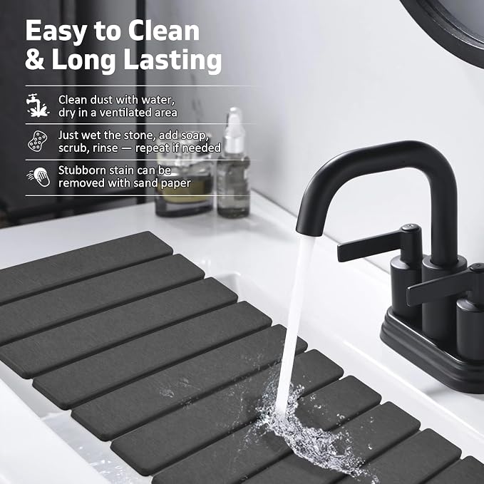 Large Stone Dish Drying Mat for Kitchen Counter, Quick Dry Dish Drying Mats, Foldable Absorbent Diatomaceous Earth Mats for Plate Rack Bottles Cups, Match Any Countertop (Dark Gray 24"×16" & 8"x4")