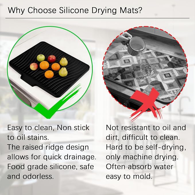 Silicone Drying Mat, 16"X13" With Built-in Drain Lip,Heat-Resistant,Eco-friendly,Hygienic Drying Pad,Leak-Proof and Non-Slip,Silicone Dish Drying Mat for Kitchen Counter or Sink（Black 16X13）