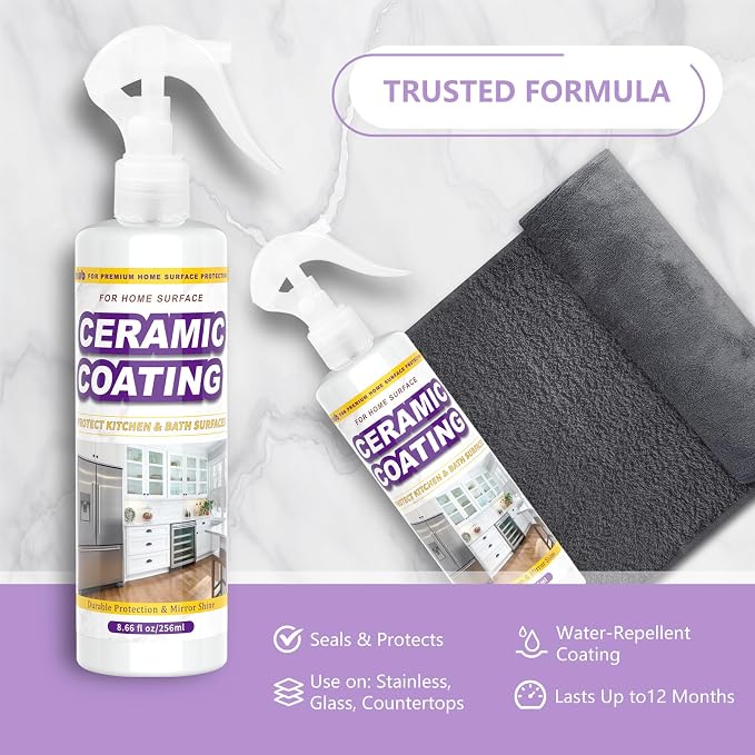 Ceramic Coating Spray for Kitchen Appliances and Stainless Steel | 8.66oz Anti Fingerprint Spray, Cerami Coat for Appliances, Long-Lasting Multi-Surface Shine, Fingerprint Resistant for Stoves