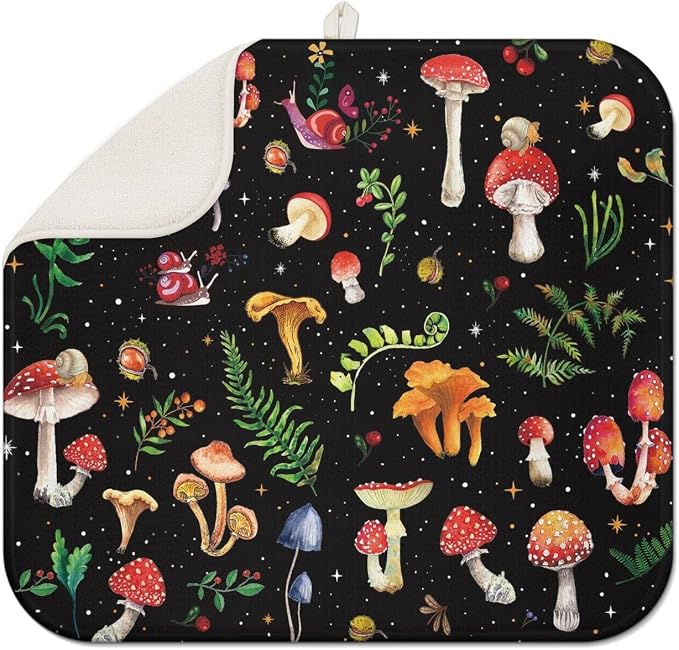 Mushroom Dish Drying Mat for Kitchen Counter Fast Absorbent Microfiber Dishes Drainer Mat for Dishes Drying Pad for Dishes, Utensils, Pots and Pans Kitchen Decor 16x18 in