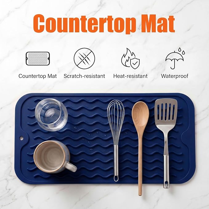 MicoYang Silicone Dish Drying Mat for Multiple Usage,Easy clean,Eco-friendly,Heat-resistant Silicone Mat for Kitchen Counter or Sink,Refrigerator or Drawer Liner Navy Blue S 12 inches x 6 inches